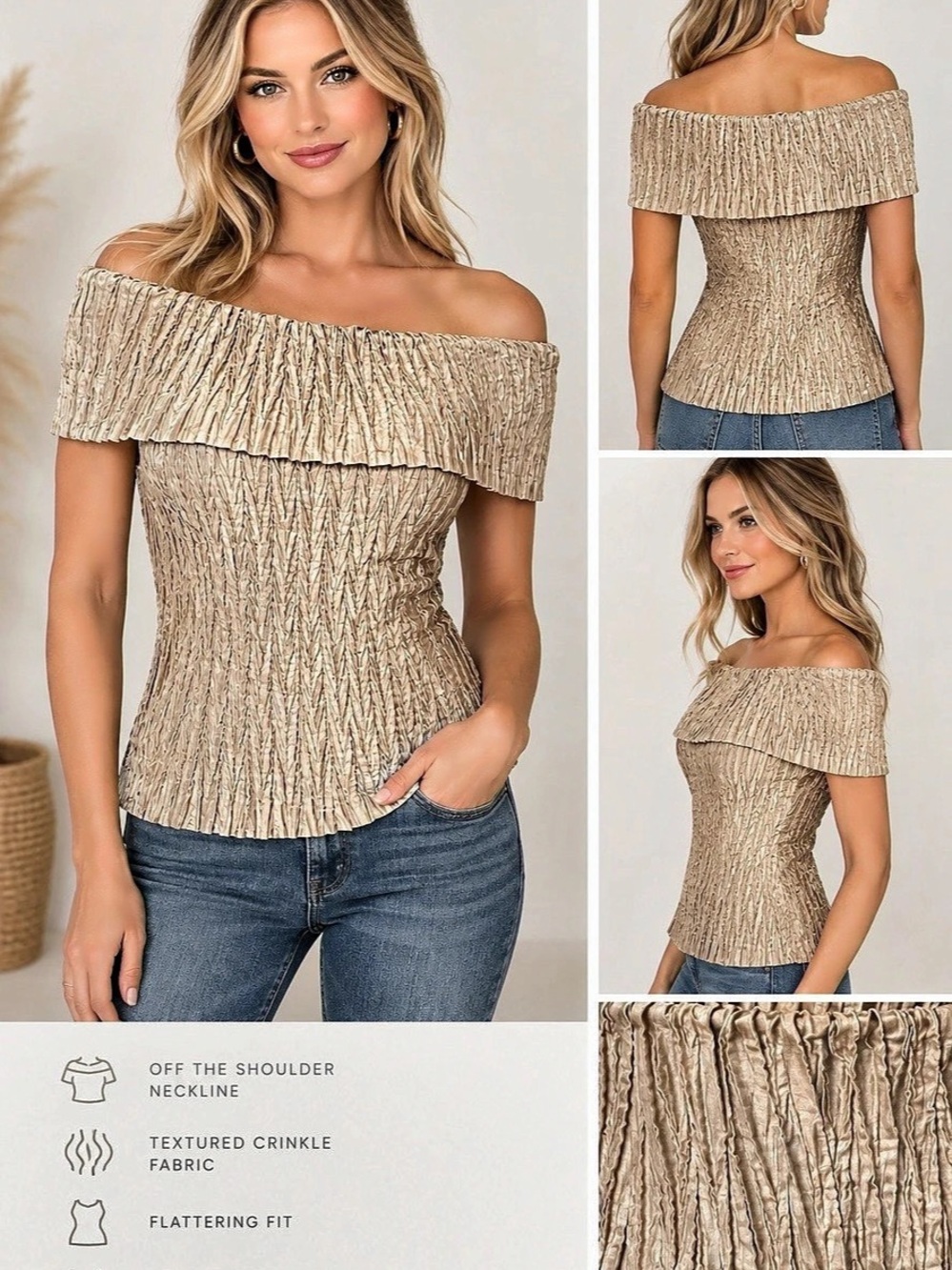CACHÉ Y2K Off-Shoulder Textured Top in Beige & Gold